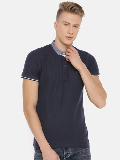 

Killer Men Navy Blue Self Design Polo Collar T-shirt
