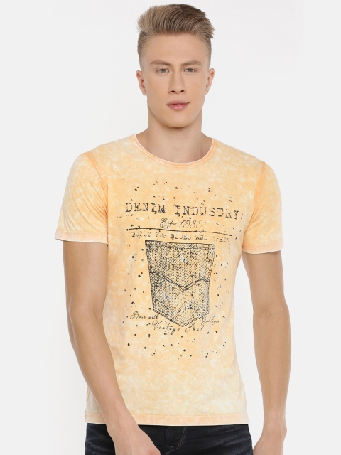 

Killer Men Yellow & Peach-Coloured Printed Round Neck T-shirt