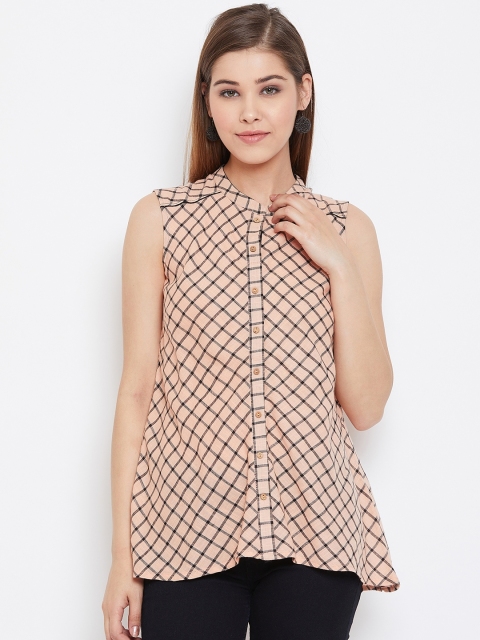 

AURELIA Women Peach-Coloured & Black Checked A-Line Pure Cotton Top
