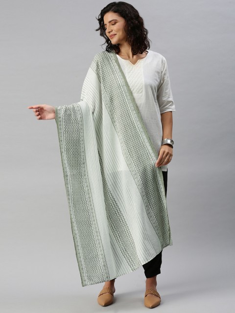 

AURELIA Women White & Green Printed Pure Cotton Dupatta