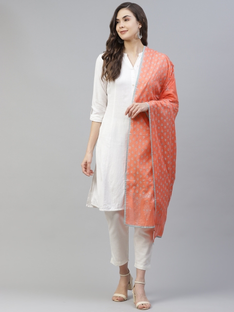 

AURELIA Coral Orange & Blue Ethnic Motifs Printed Pure Cotton Dupatta