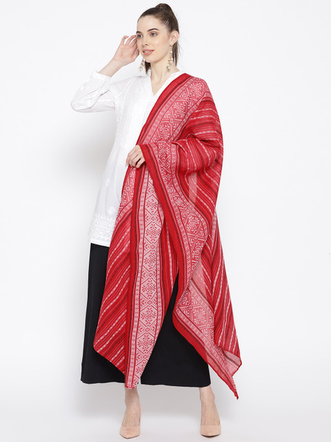 

AURELIA Red & White Self Striped Pure Cotton Dupatta