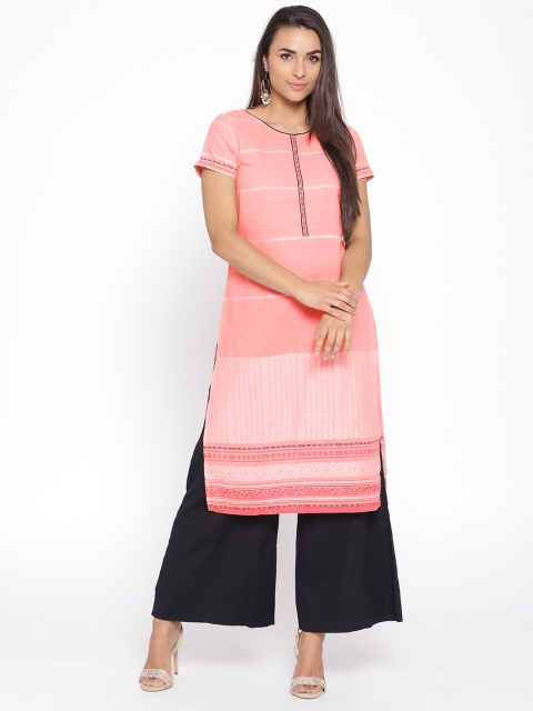 

AURELIA Women Pink & White Woven Design Straight Kurta
