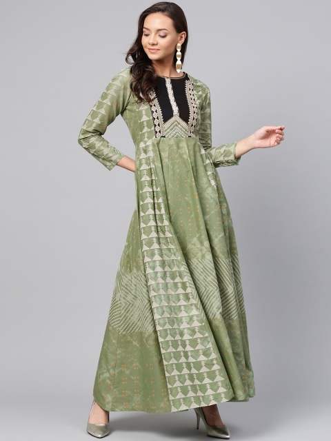 

W Women Green & Beige Printed Anarkali Kurta
