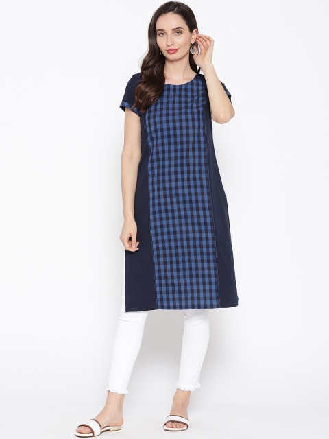 

AURELIA Women Navy Blue Checked Straight Kurta