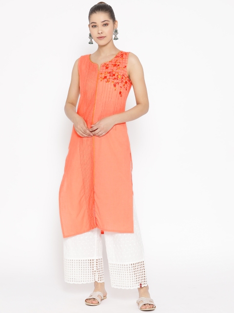 

AURELIA Women Coral Orange Yoke Design Straight Kurta