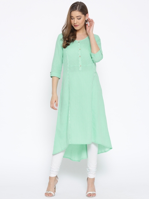 

AURELIA Women Green Self-Striped A-Line Kurta