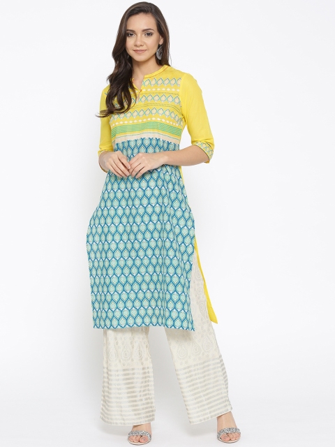 

AURELIA Women Yellow & Green Printed Straight Kurta