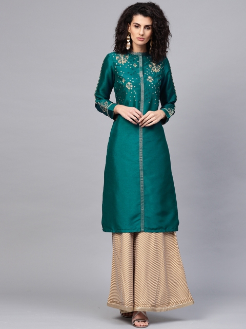 

Wishful by W Women Teal Green Embroidered Straight Kurta