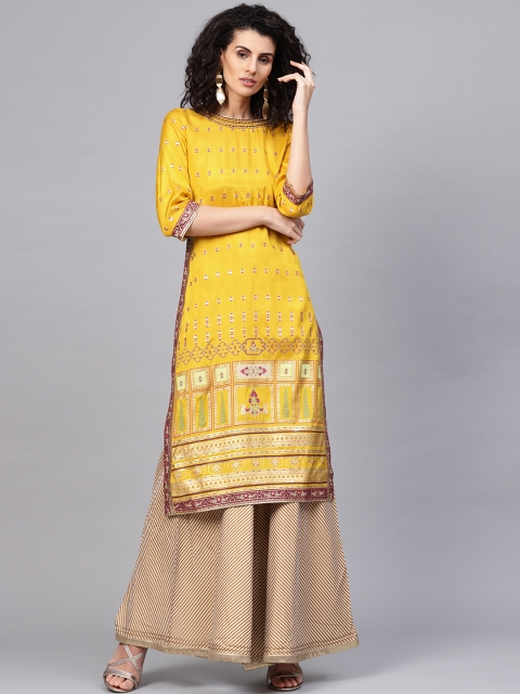 

Wishful by W Women Yellow Printed Beaded Straight Kurta
