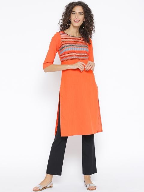 

AURELIA Women Orange Yoke Design Straight Kurta