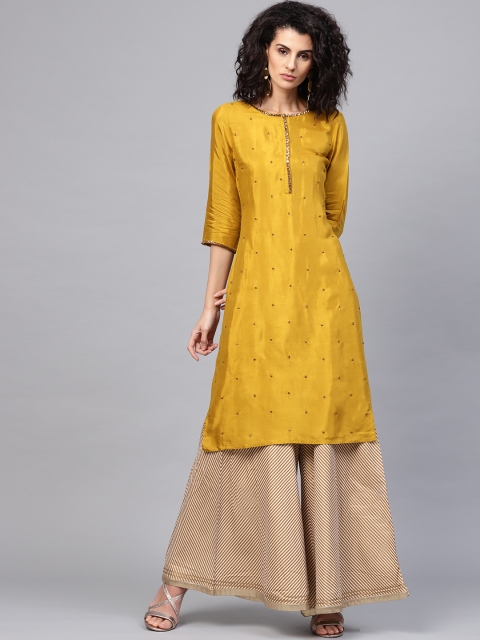 

WISHFUL by W Women Mustard Yellow Embellished Straight Kurta