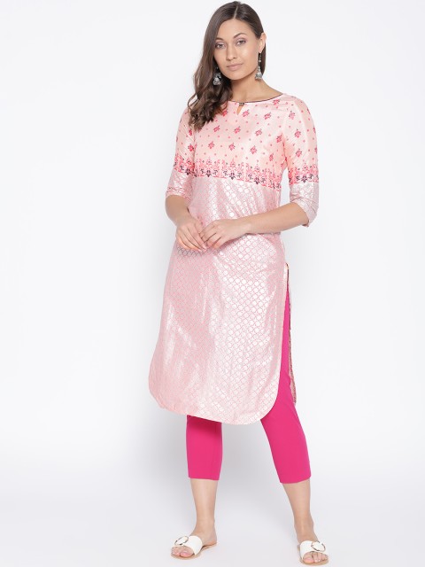

AURELIA Women Pink & Silver Printed Straight Kurta