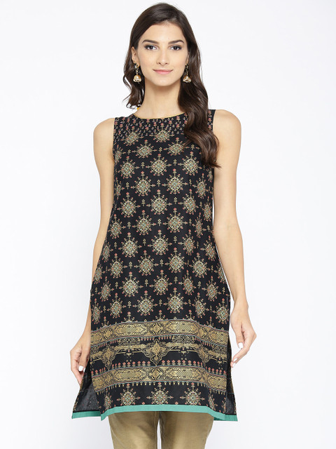 

AURELIA Women Black & Golden Printed Straight Kurta