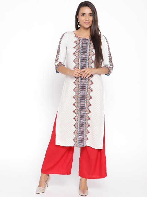 

AURELIA Women White & Blue Printed Straight Kurta