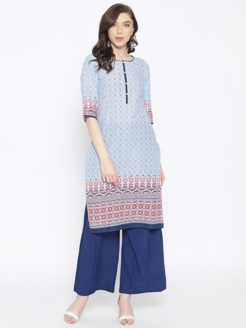 

AURELIA Women Blue & White Printed Straight Kurta