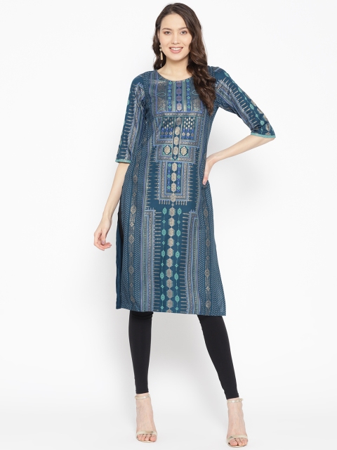 

AURELIA Women Teal Blue & Golden Printed Straight Kurta