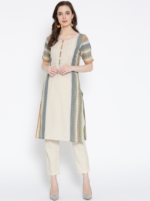 

AURELIA Women Beige & Olive Green Printed Straight Kurta