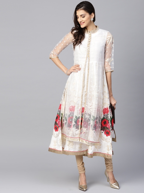

WISHFUL by W Women White & Pink Printed Kurta with Churidar & Ethnic Jacket