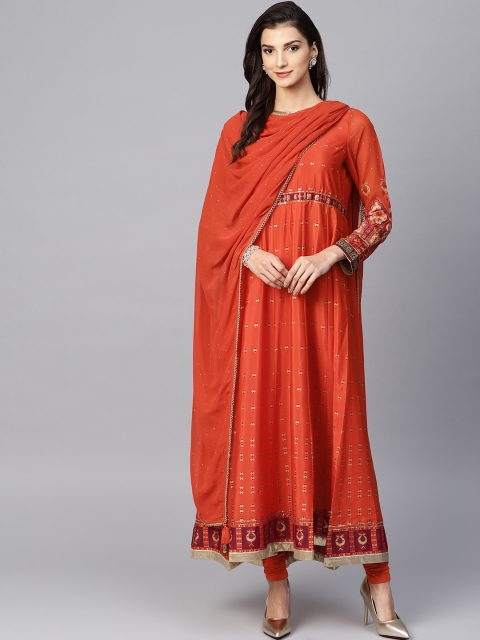 

WISHFUL by W Women Orange & Golden Printed Kurta with Churidar and Dupatta