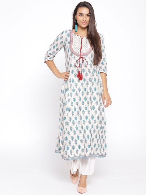

AURELIA Women White & Blue Printed A-Line Kurta