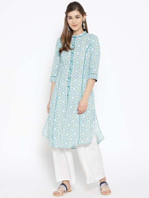 

AURELIA Women White & Blue Printed A-Line Kurta