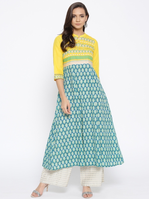 

AURELIA Women Yellow & Green Printed A-Line Kurta