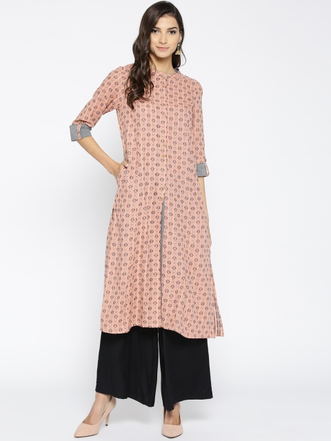 

AURELIA Women Peach-Coloured & Brown Woven Design A-Line Kurta