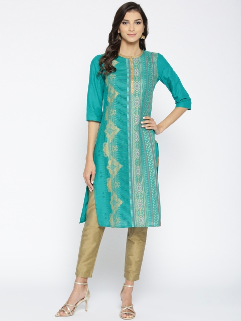 

AURELIA Women Green & Golden Printed Straight Kurta