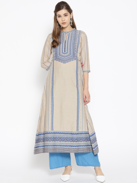 

AURELIA Women Beige & Blue Printed A-Line Kurta
