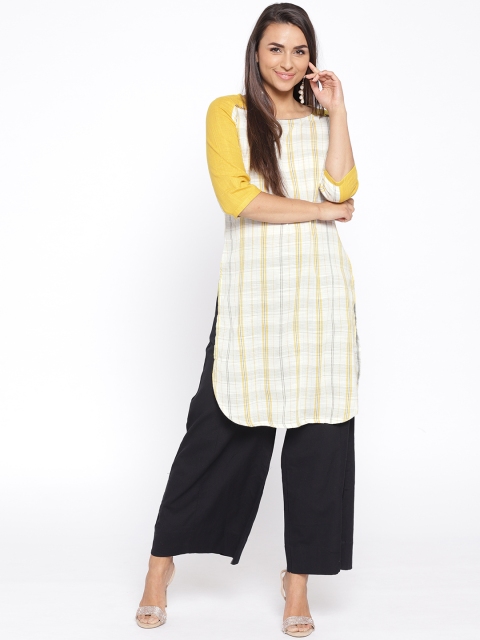

AURELIA Women White & Yellow Checked Straight Kurta