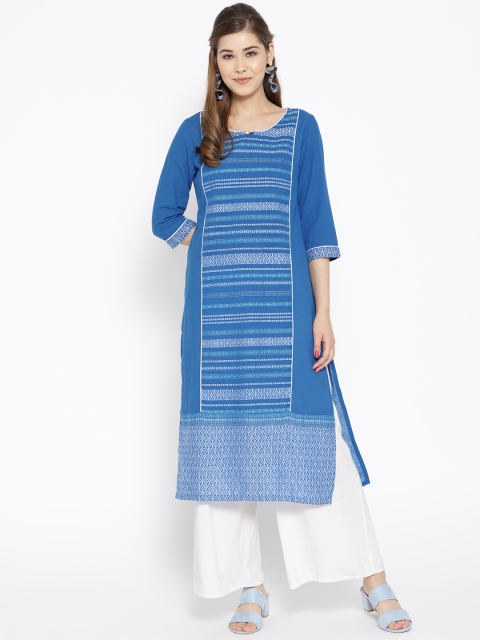 

AURELIA Women Blue & White Self-Striped Straight Kurta