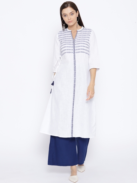 

AURELIA Women White & Navy Blue Yoke Design A-Line Kurta