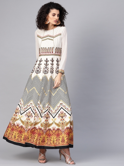 

WISHFUL by W Women Off-White & Black Printed Anarkali Kurta with Embellished Detail