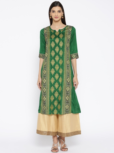 

AURELIA Women Green & Golden Printed A-Line Kurta