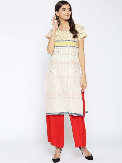 

AURELIA Women White & Yellow Striped Straight Kurta