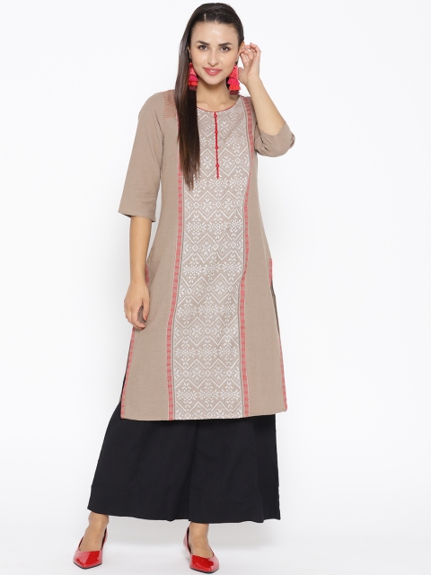 

AURELIA Women Brown & White Woven Design Straight Kurta
