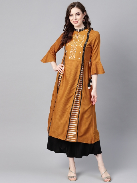 

W Women Mustard Brown & Black Striped A-Line Kurta