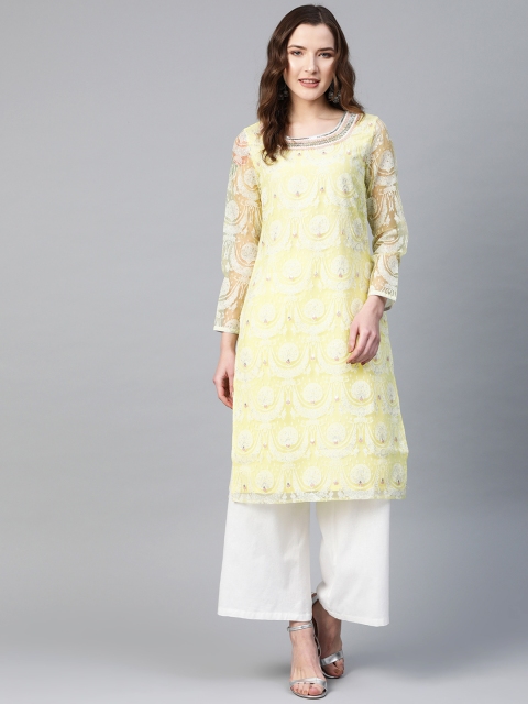 

W Women Yellow & Off-White Printed Straight Kurta