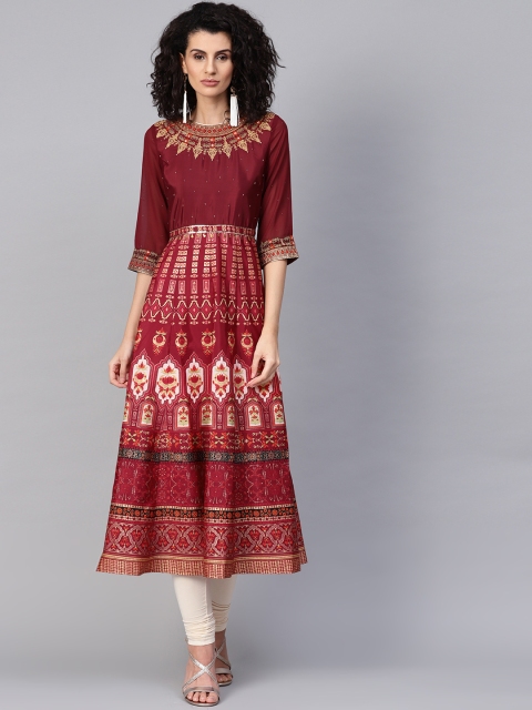

WISHFUL by W Women Maroon & Golden Printed A-Line Kurta