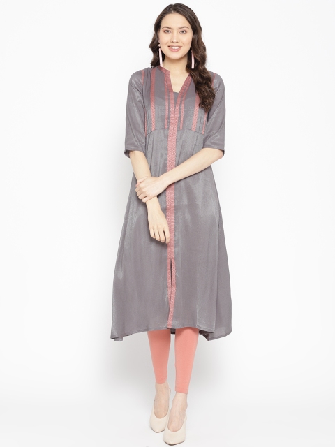 

AURELIA Women Grey & Silver Striped A-Line Kurta