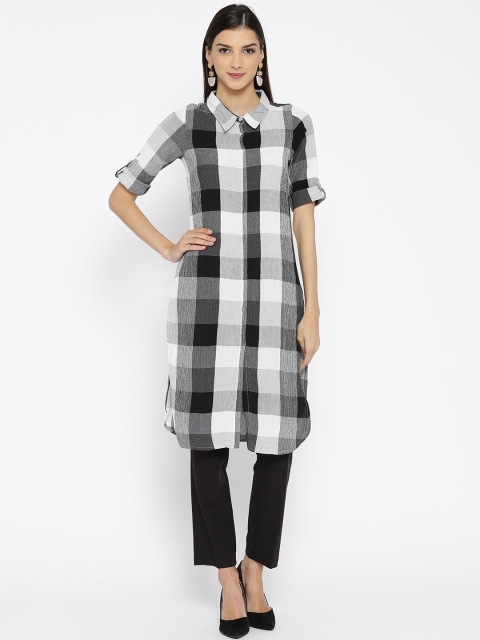 

AURELIA Women Black & White Checked Straight Pathani Kurta