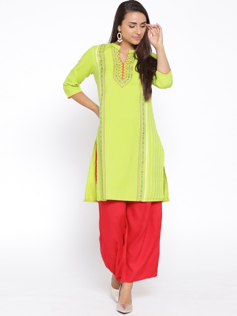 

AURELIA Women Green Woven Design Straight Kurta