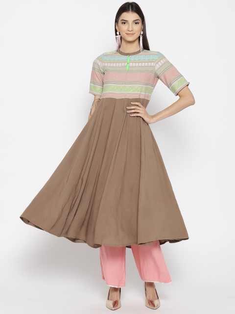 

AURELIA Women Brown & Green Yoke Design A-Line Kurta