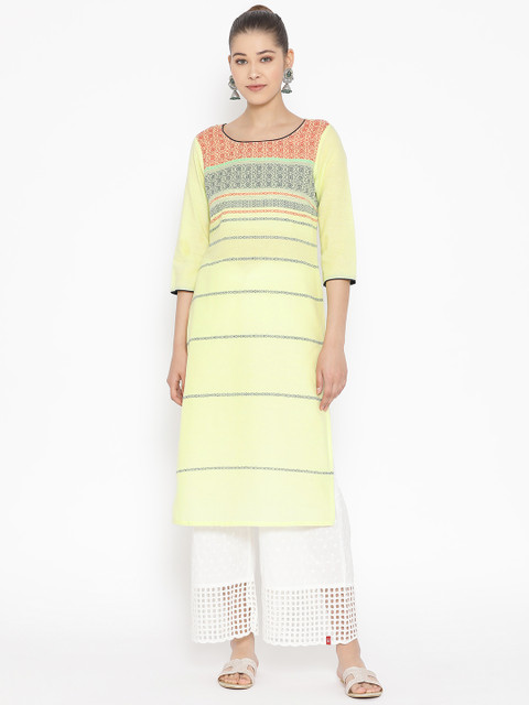 

AURELIA Women Yellow & Blue Self-Striped Straight Kurta