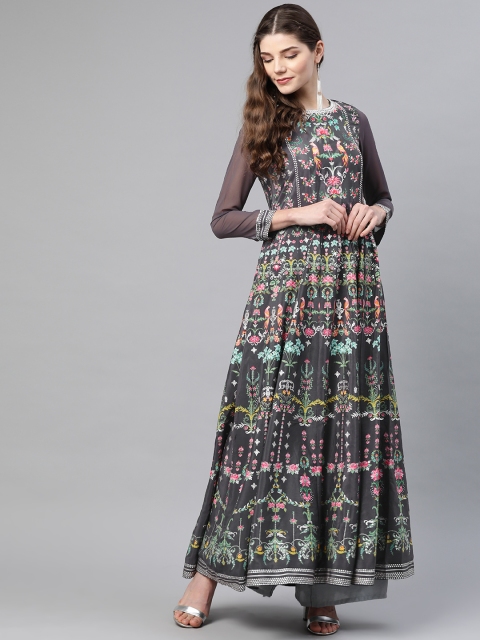 

WISHFUL by W Women Charcoal Grey & Silver Printed A-Line Kurta