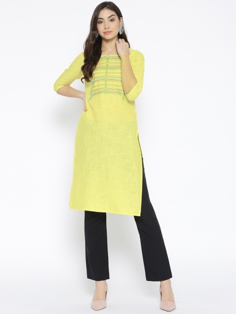 

AURELIA Women Yellow & Green Yoke Design Straight Kurta