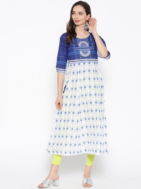 

AURELIA Women White & Blue Printed A-Line Kurta