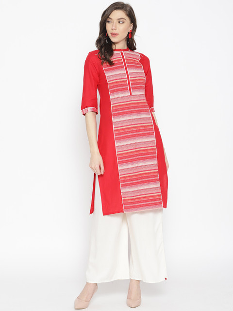 

AURELIA Women Red & White Striped Woven Design Straight Kurta