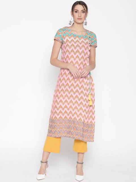 

AURELIA Women Pink & Blue Printed Straight Kurta
